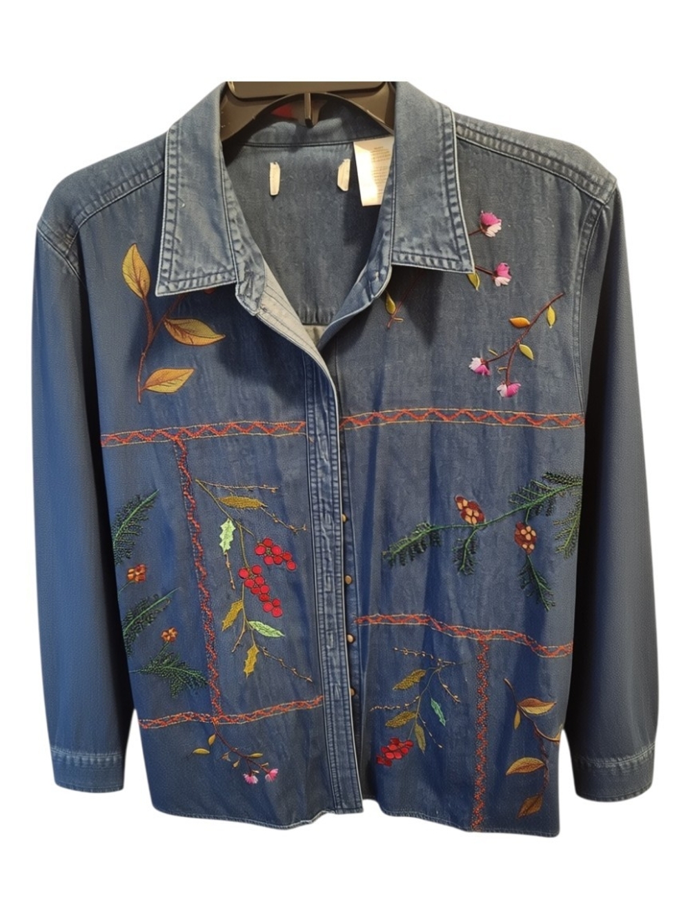 Vintage 90s Bobbie Brooks Embroidered Denim Shirt - Fall Autumn Leaves & Berry